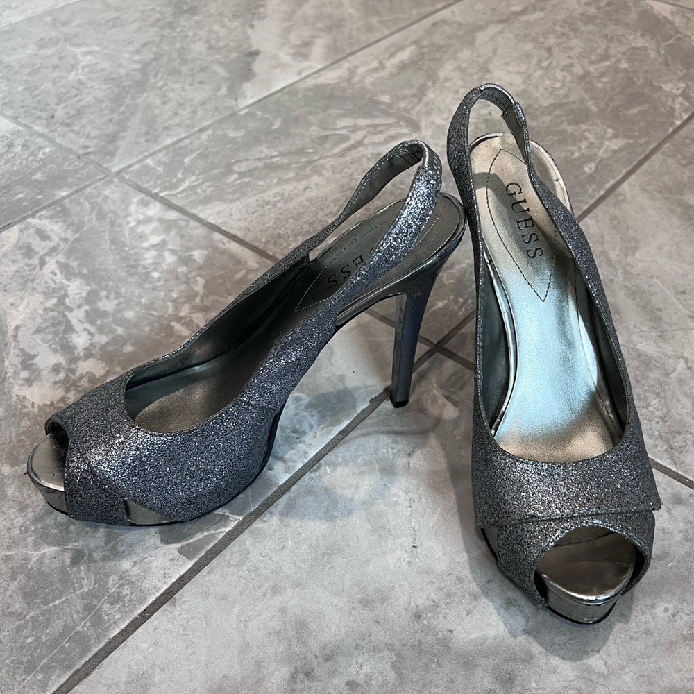 Guess Women's Sparkling Silver Peep Toe Heels